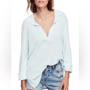 Free People Waffle Weave Oversized Annie Thermal Long Sleeve Blue Top XS